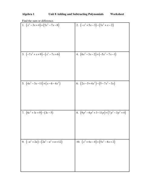 Algebra 1 Polynomials Worksheets With Answers Worksheets Master