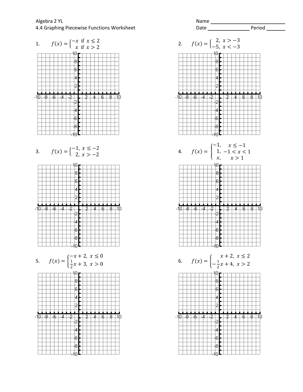 Algebra 2 Piecewise Functions Worksheet & Answer Key