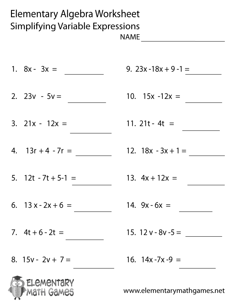 Algebra Expressions Worksheet for Students and Teachers