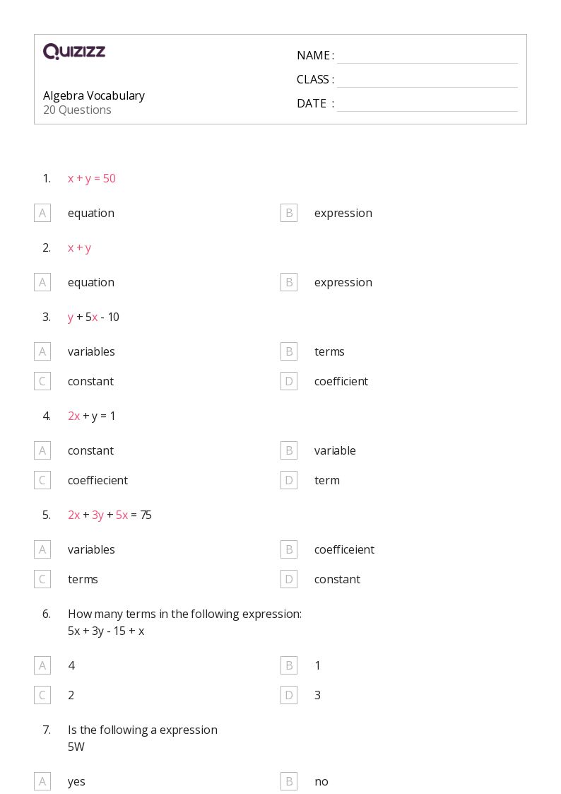 7 Essential Algebra Worksheets for 8th Graders