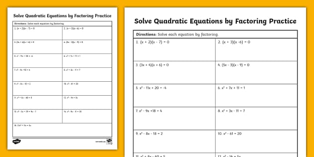 Algebra I Solve Quadratic Equations By Factoring Practice