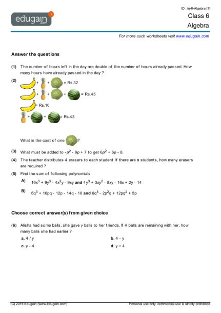 8 Free Algebra Worksheets for 6th Graders