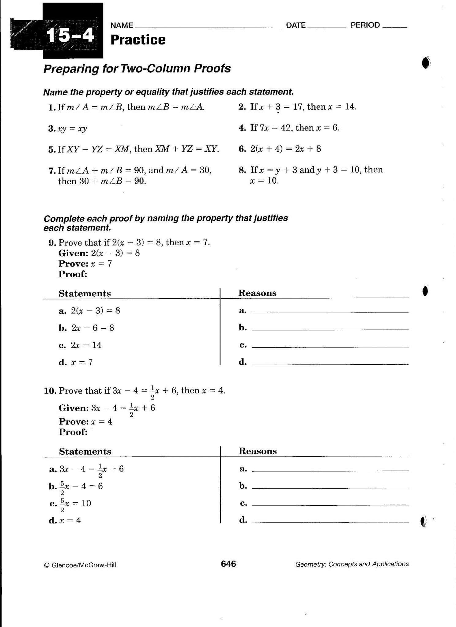 Algebraic Proofs Worksheet Solutions and Study Guide