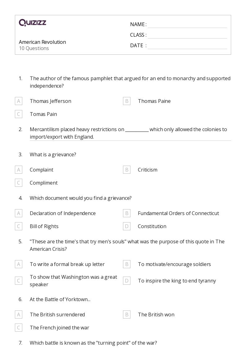 American Revolution Worksheets