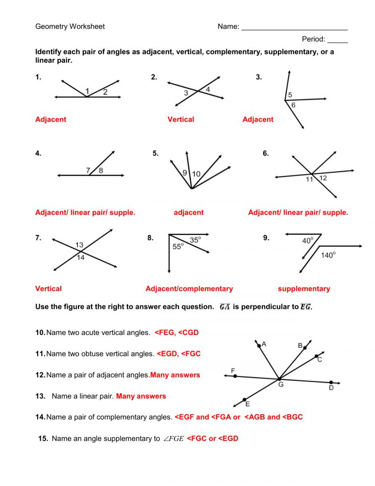 Angle Pairs Worksheet Answer Key