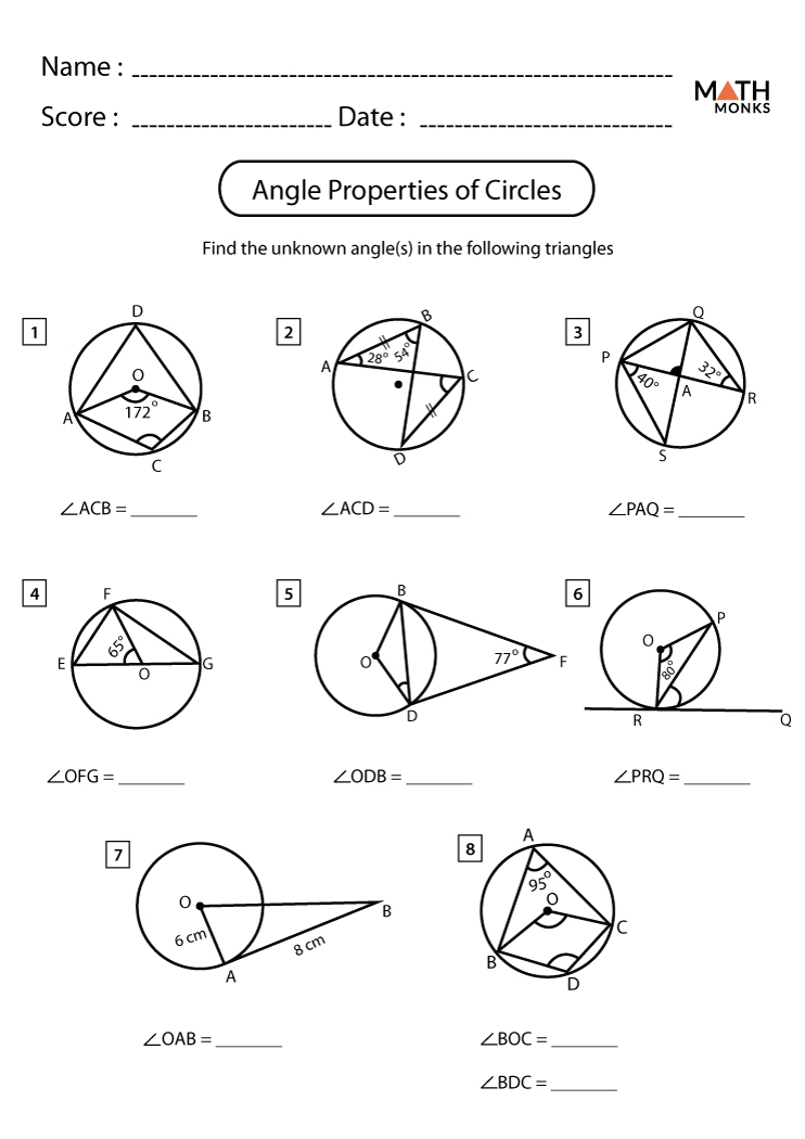 Angles in a Circle Worksheet With Answers