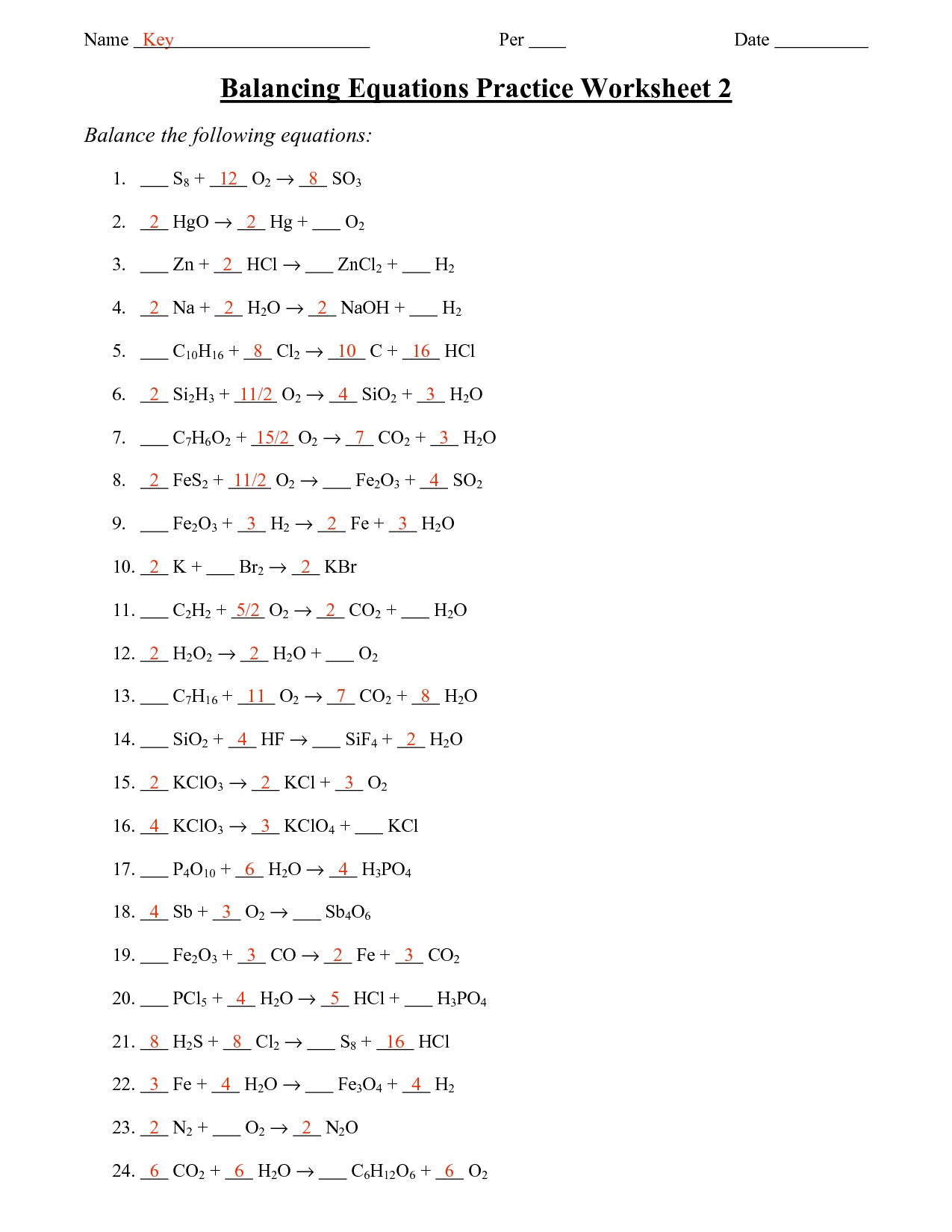 Answer Key Balancing Chemical Equations Worksheet