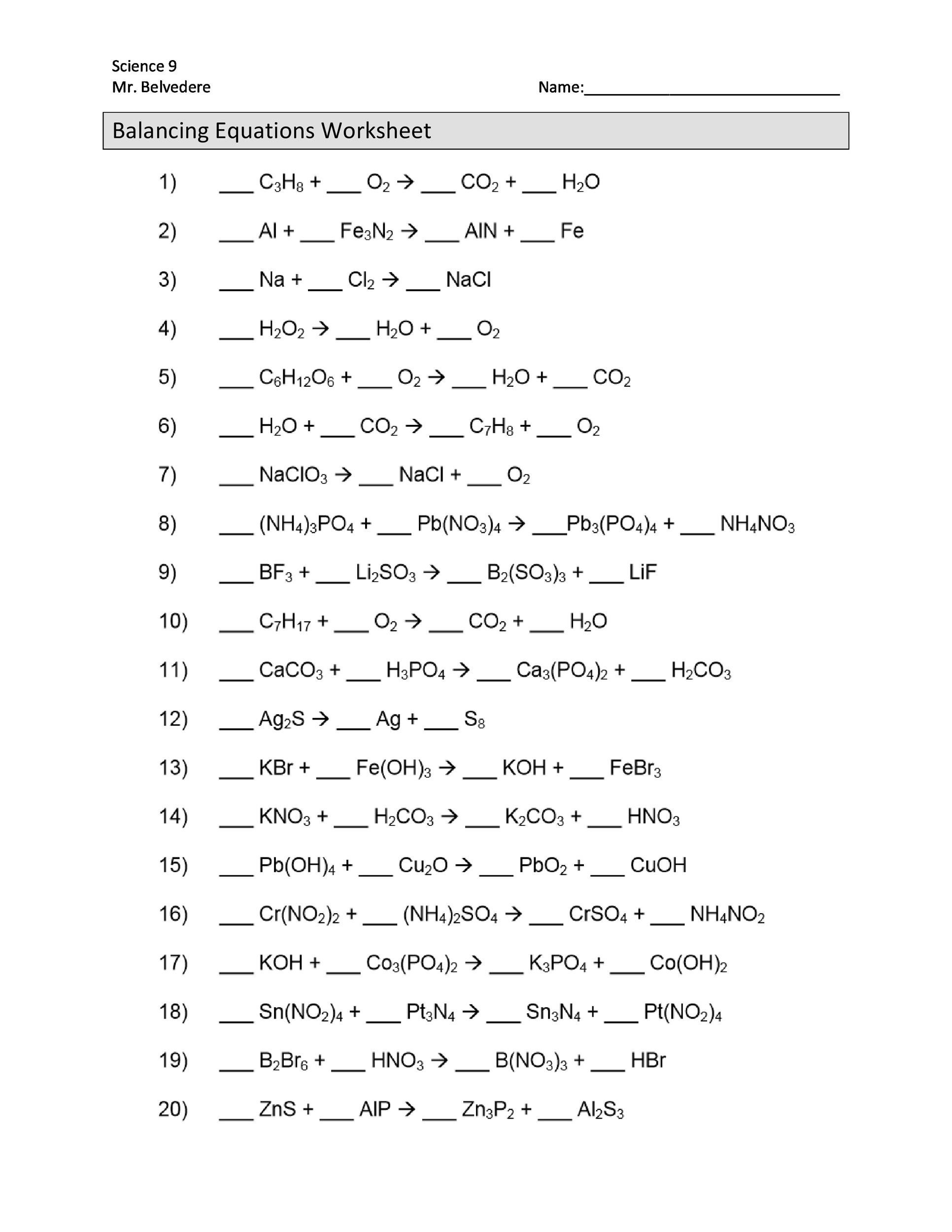 Balancing Equations Worksheet Answers