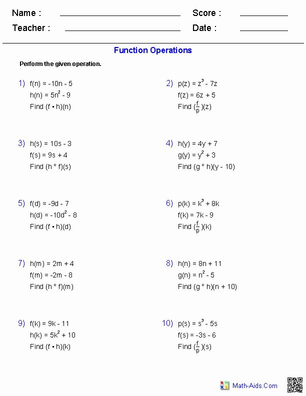 Composition of Functions Worksheet Answers