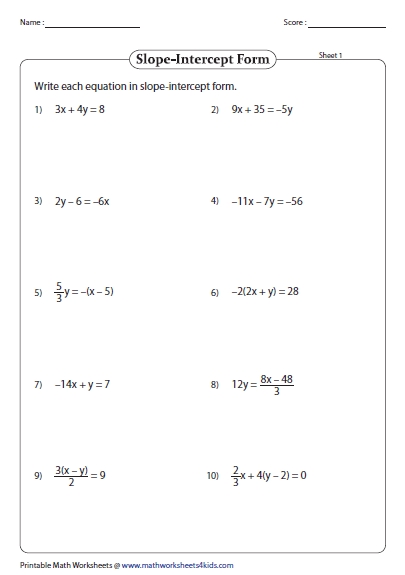 Slope Intercept Form Worksheet Answers