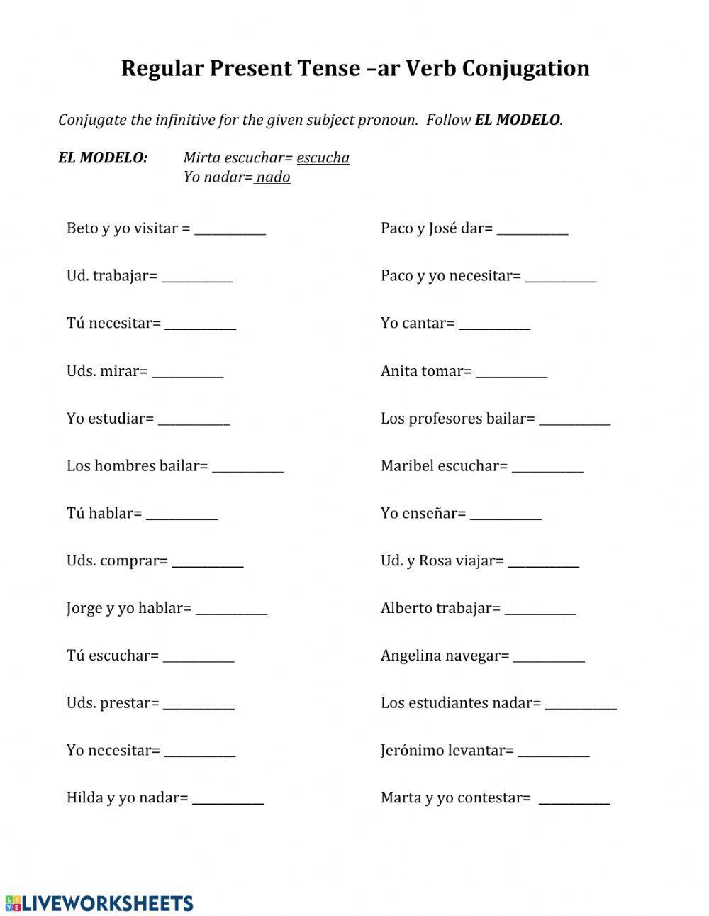 Ar Verbs In Spanish Worksheet