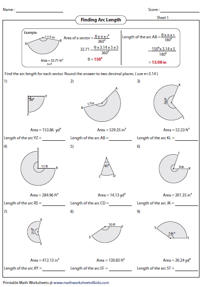 Arc Length Sector Area Worksheets