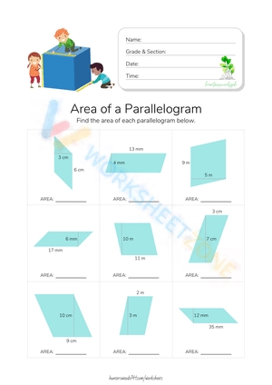 Area of Parallelograms Worksheet and Solutions