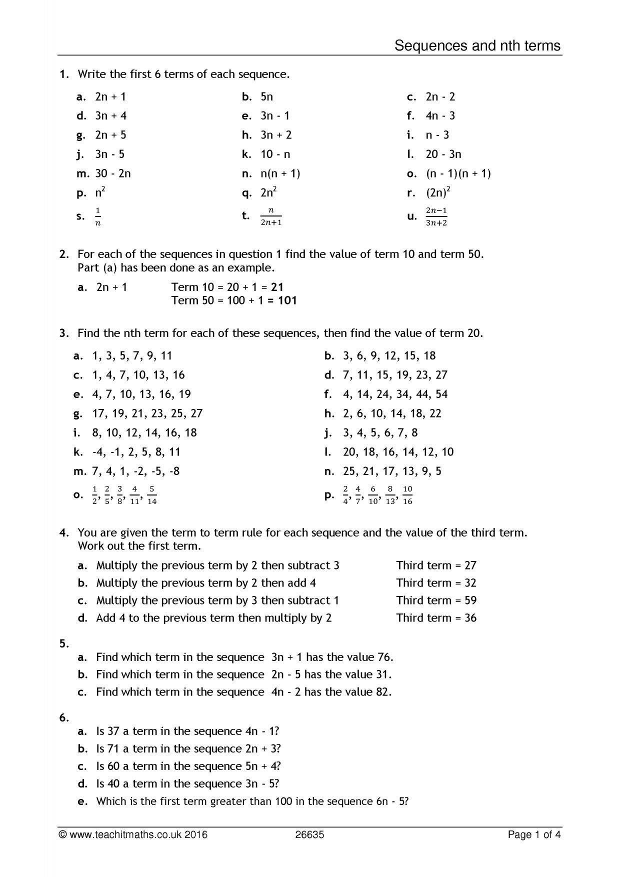 Arithmetic Sequence Worksheet Answers Worksheet For Education