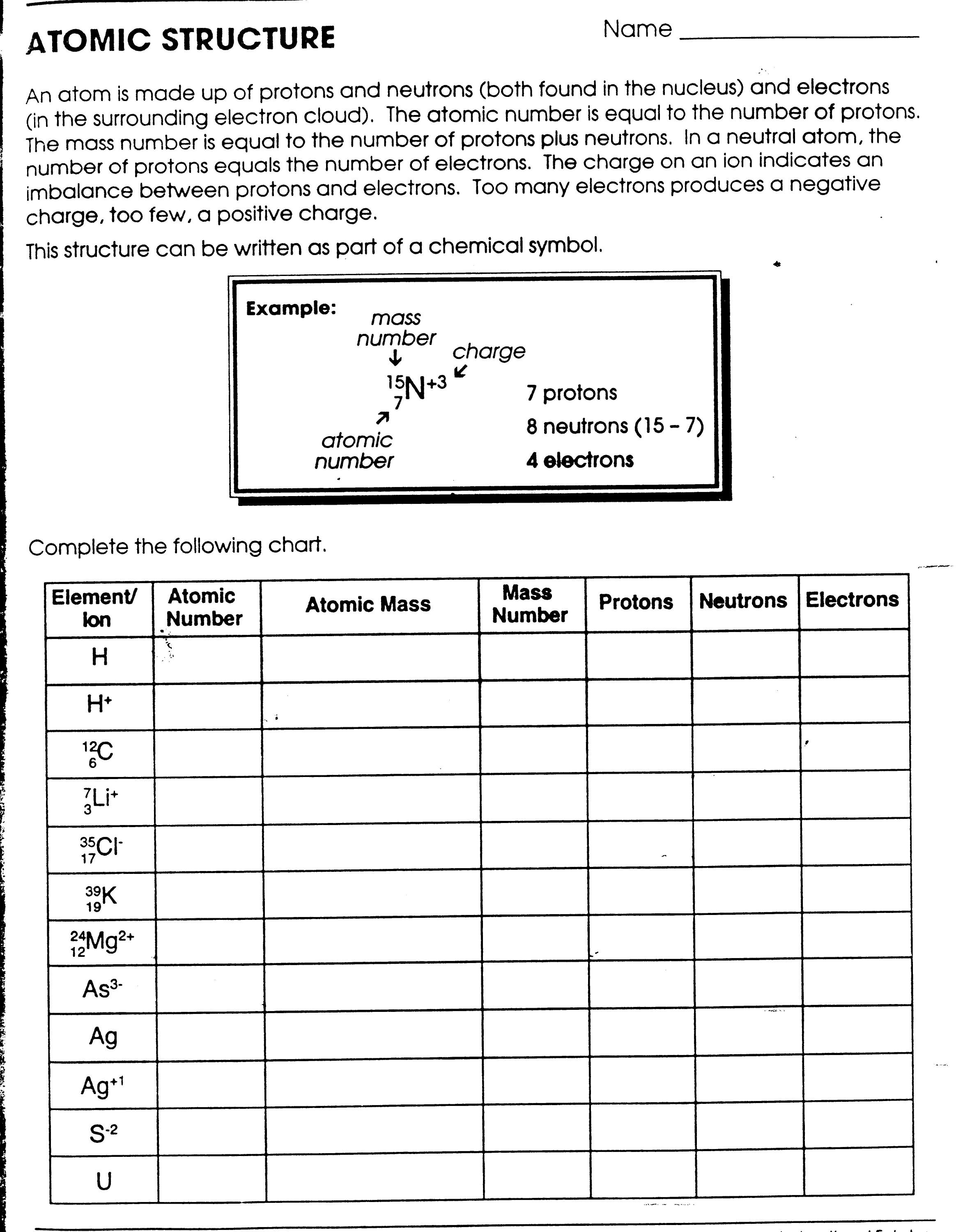 Atomic Structure Worksheets Answers