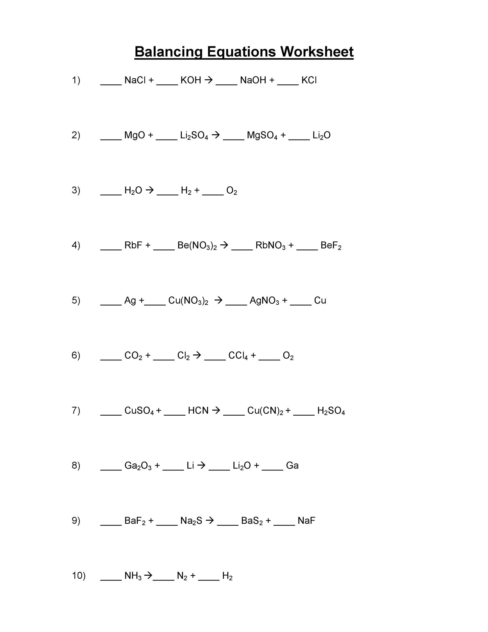 Balance Chemical Equation Worksheet