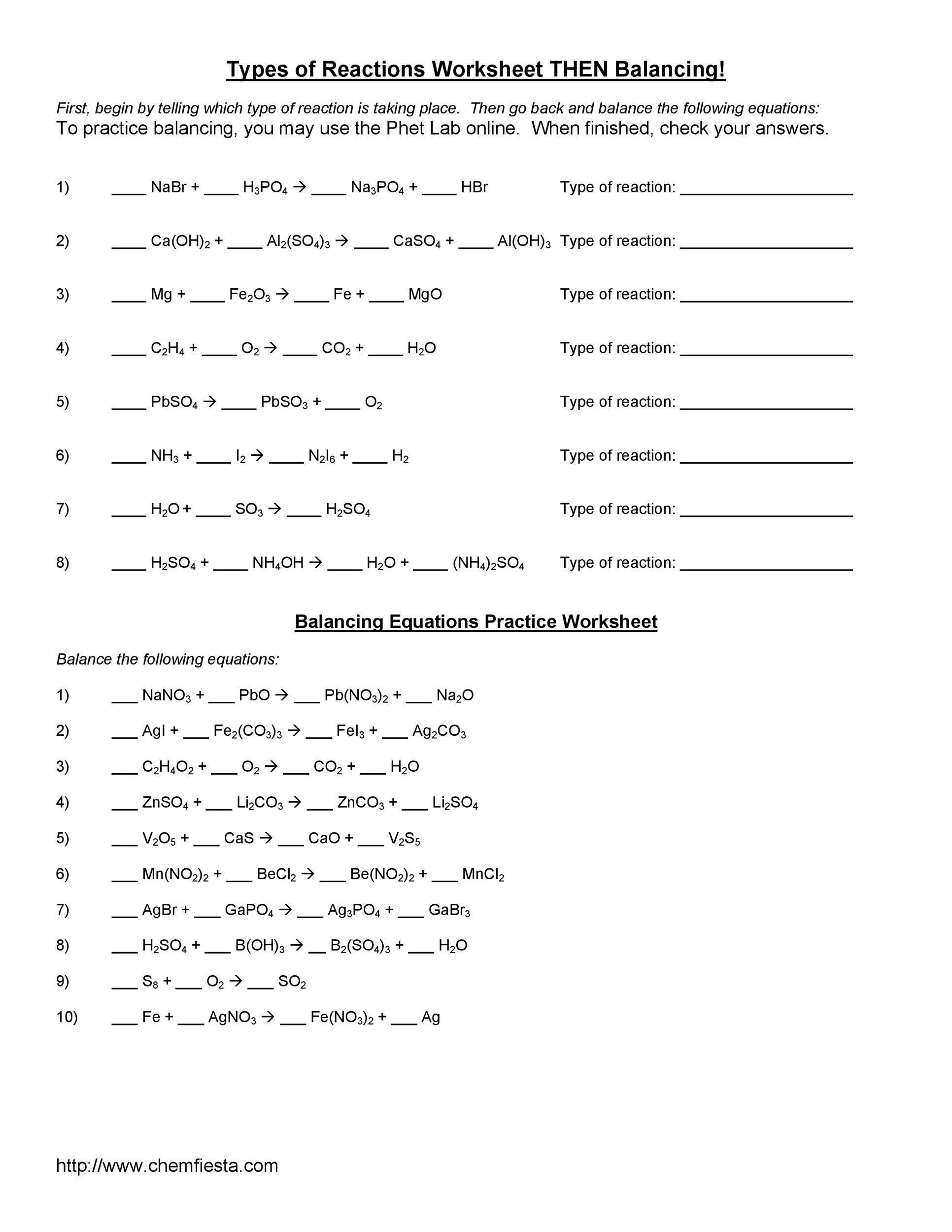 Balance Equation Worksheet With Answers