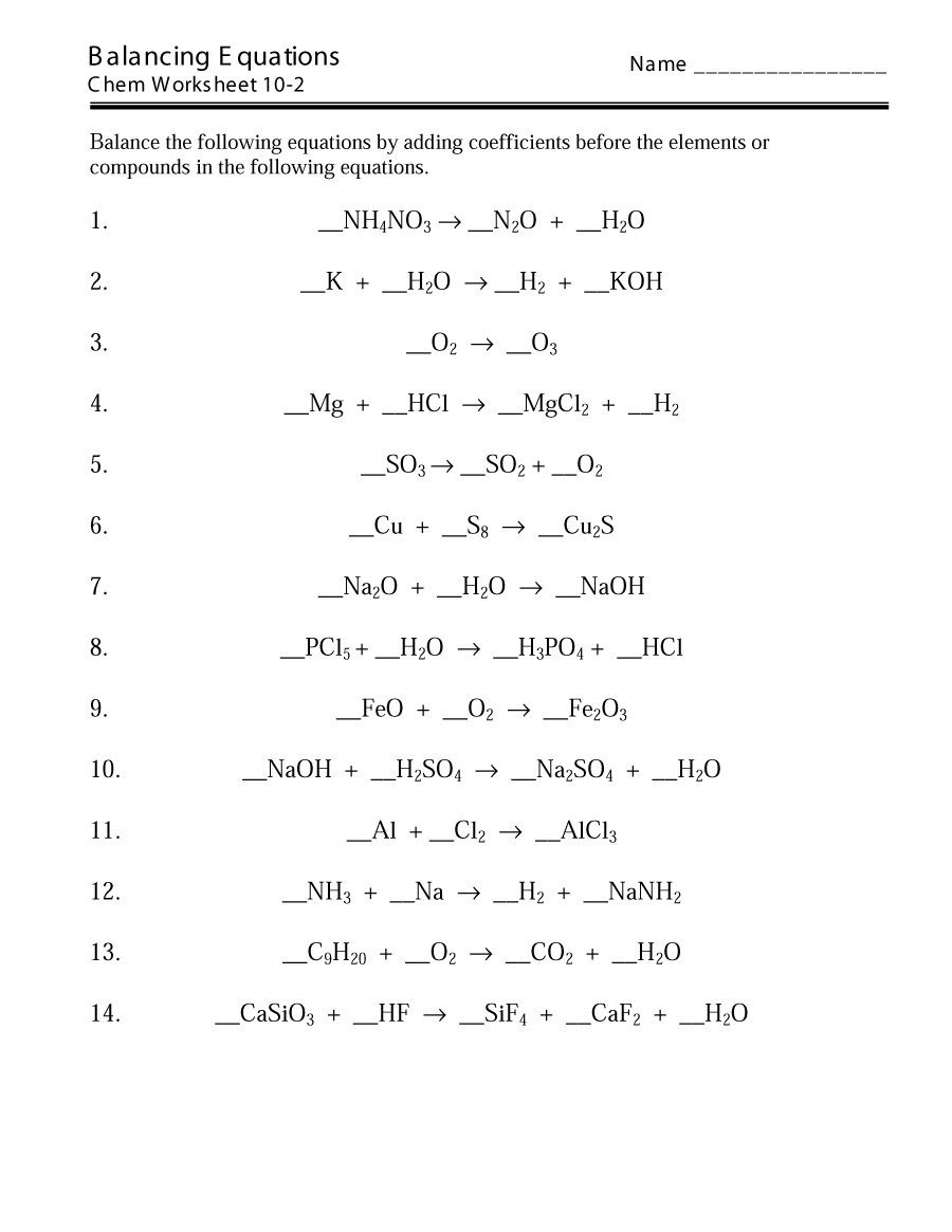 Balanced Chemical Equations Worksheet Answers and Solutions