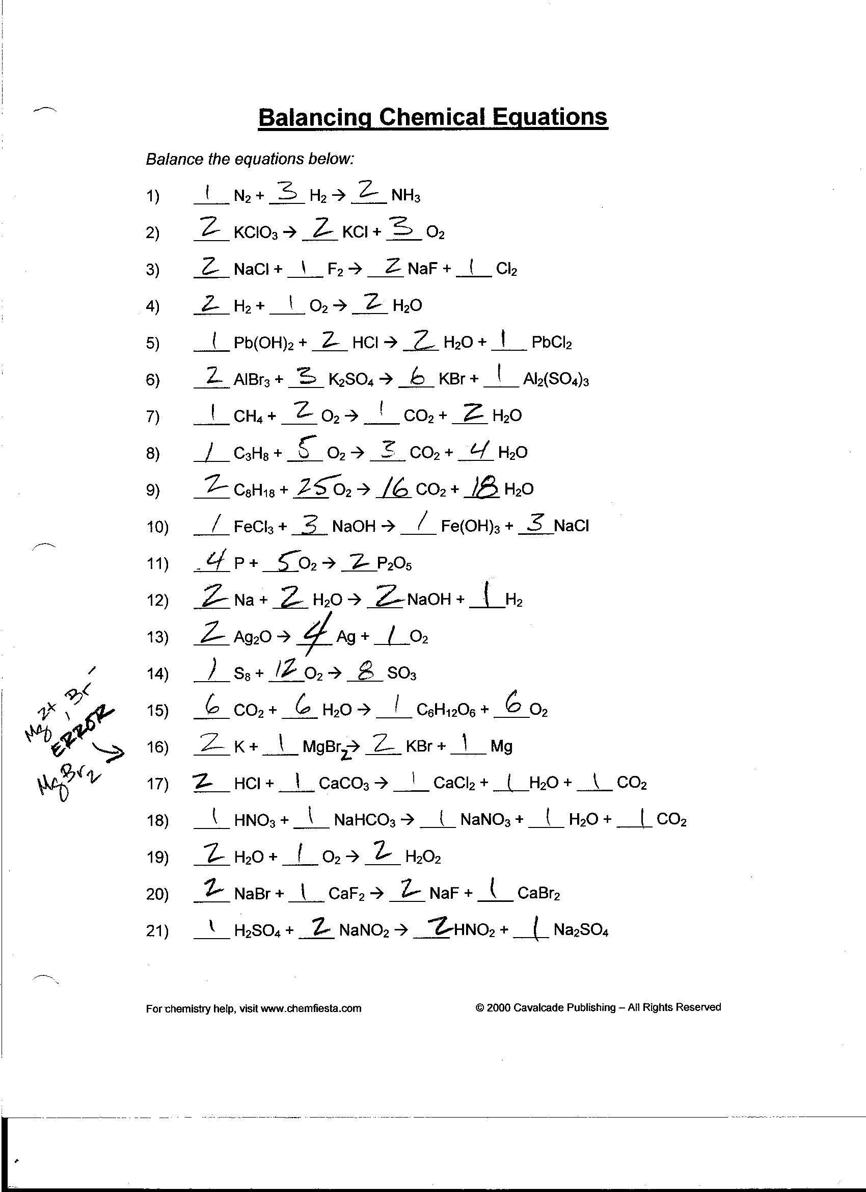 Balancing Equations Practice Answer Key