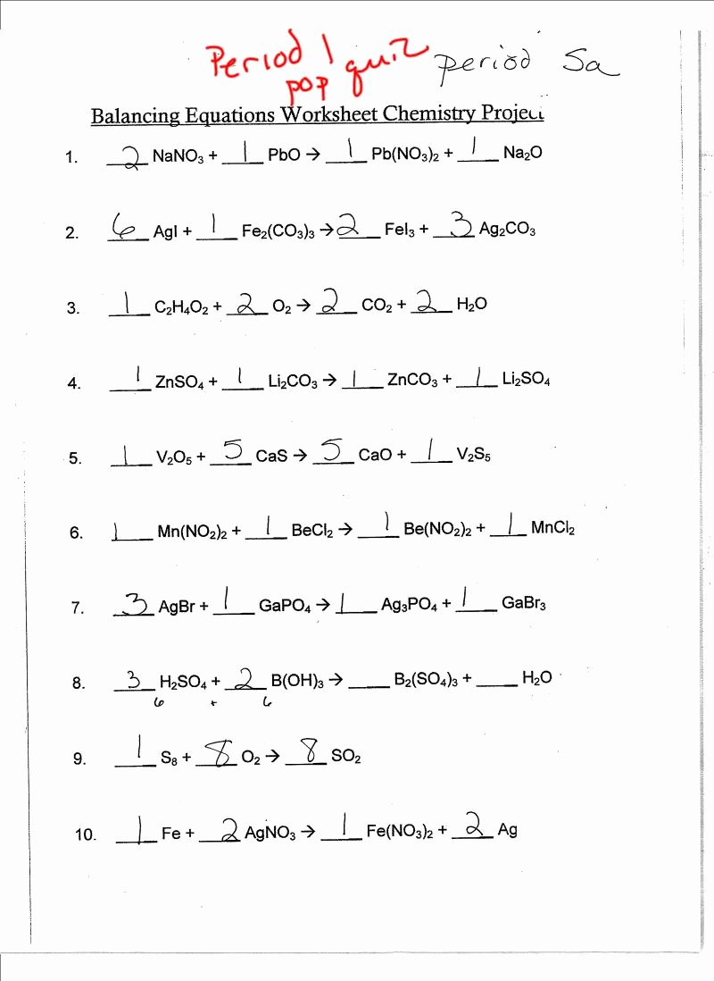 Balancing Equations Worksheet Answers 1-10