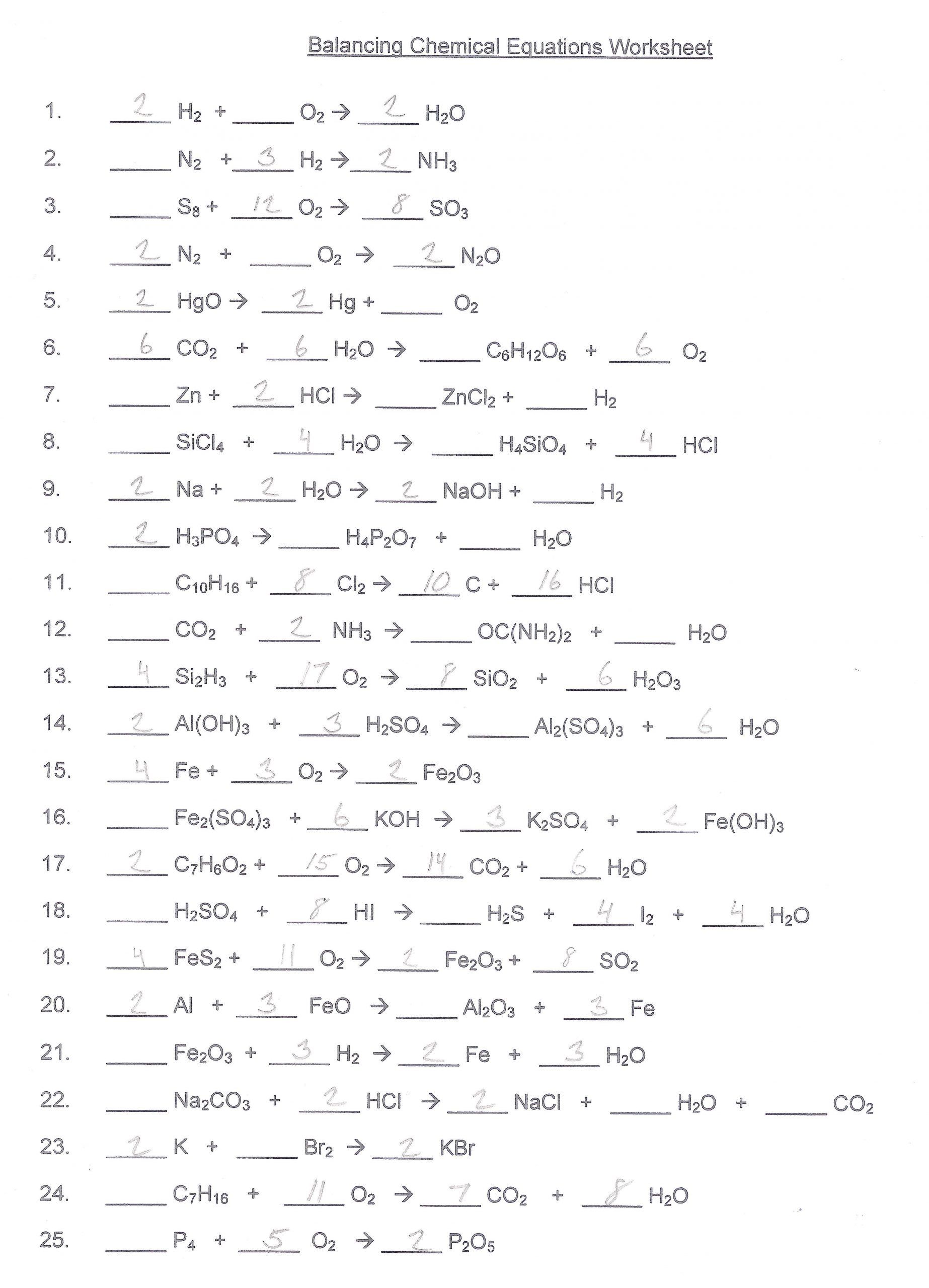 Balancing Equations Worksheet Answers Chemical Equation Balancing Equations Chemistry Worksheets