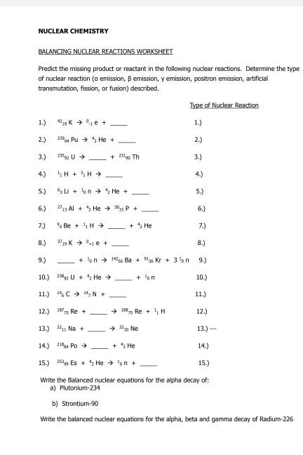 Balancing Nuclear Equations Practice