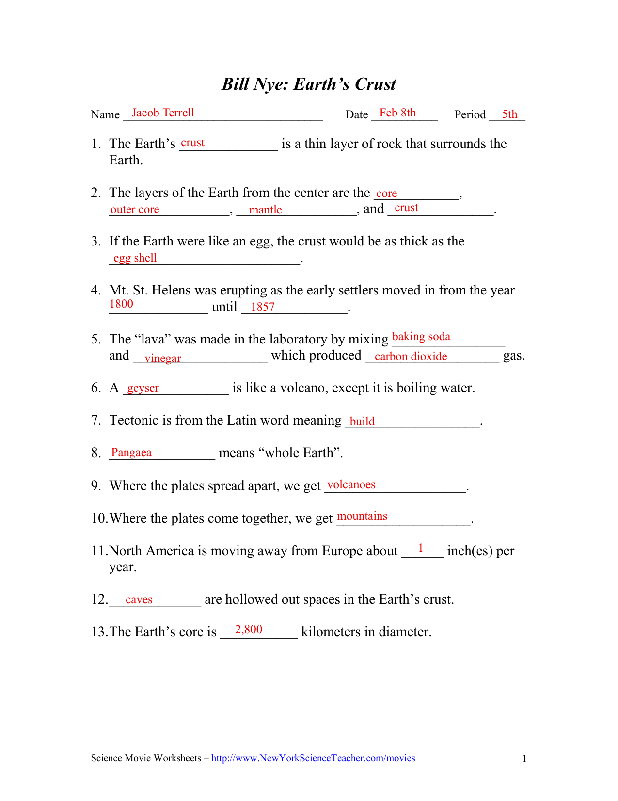 Bill Nye Earth S Crust Worksheet