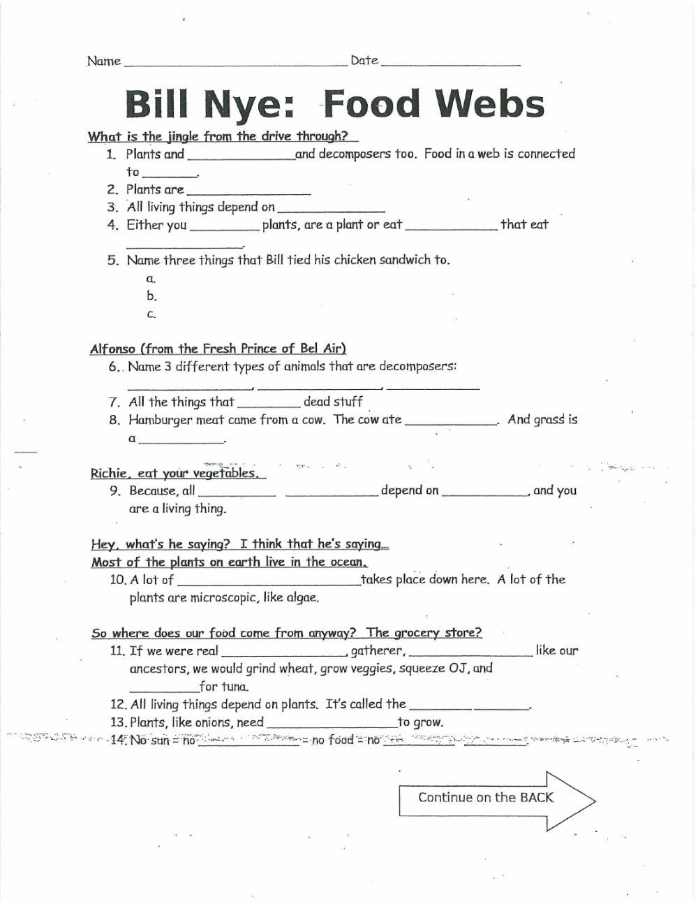 Bill Nye Food Webs Worksheet Answers