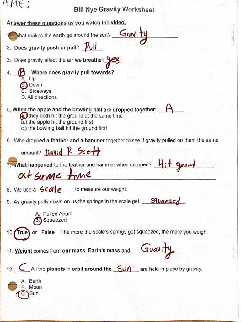 Bill Nye Gravity Worksheet Answers Explained