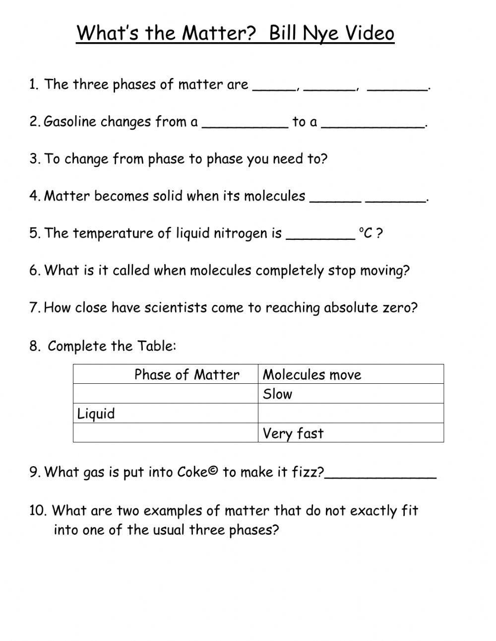 Bill Nye Explains States of Matter Worksheet