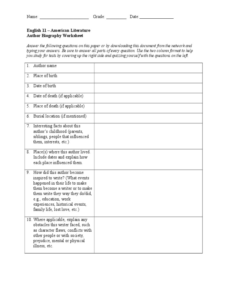 Biography Worksheet Pdf