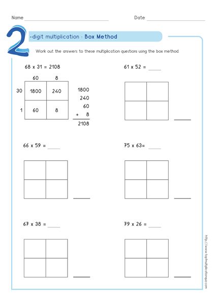 Box Method Multiplication 2 Digit Numbers Worksheets Pdf Box Method