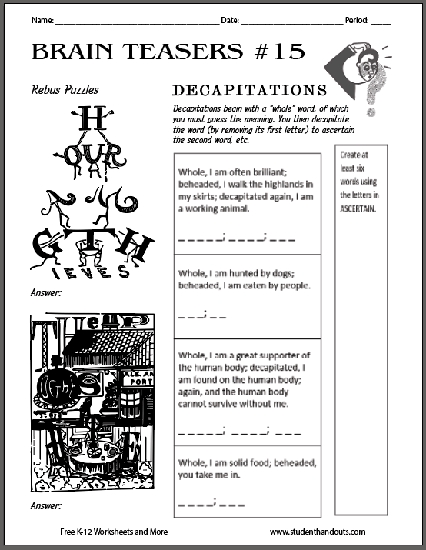 Brain Teasers Worksheet No 15 Student Handouts