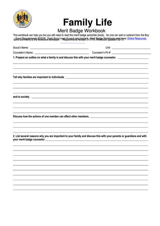 Bsa Family Life Merit Badge Worksheet