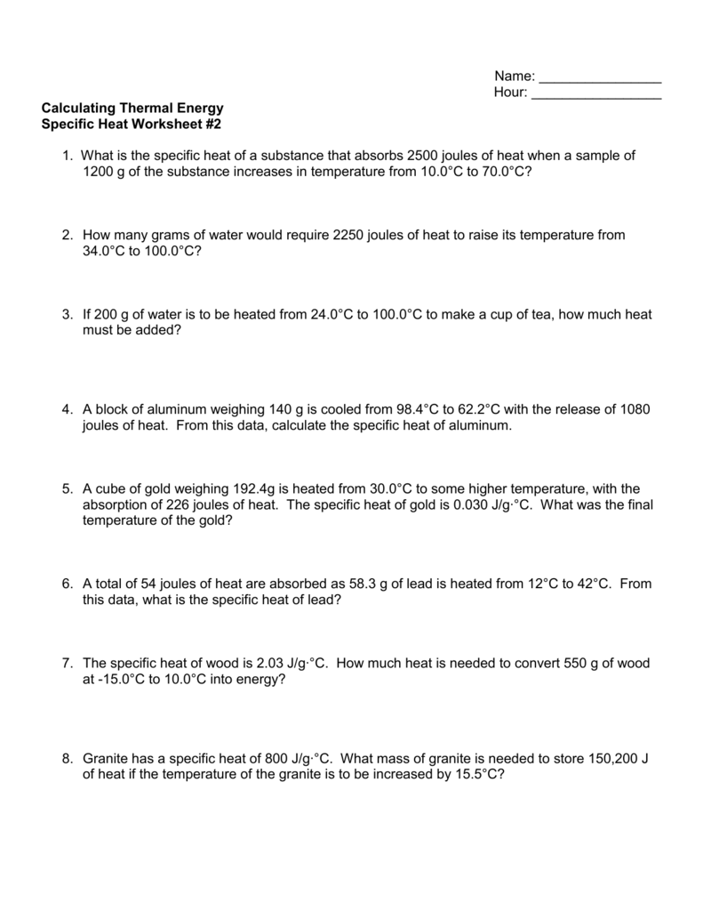 Mastering Heat Calculations: Specific Heat Worksheet Solutions