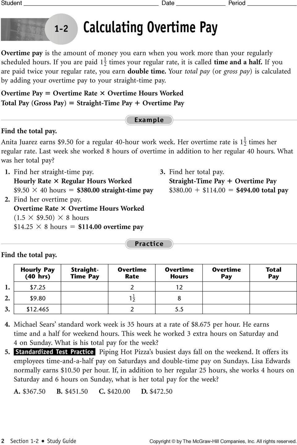 Calculating Overtime Pay Worksheet Pdf