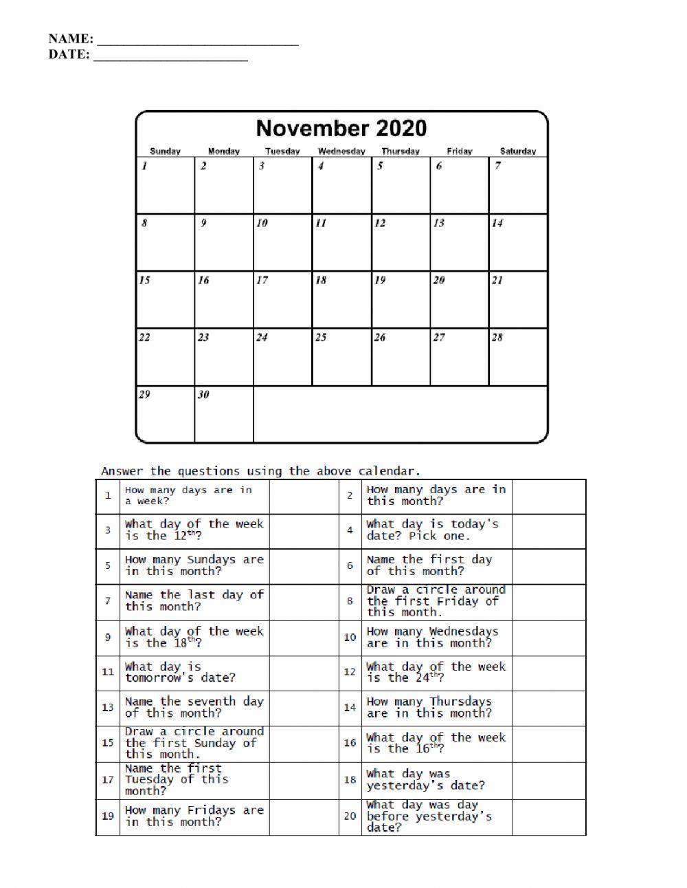 Calendar Math Worksheets for Kids