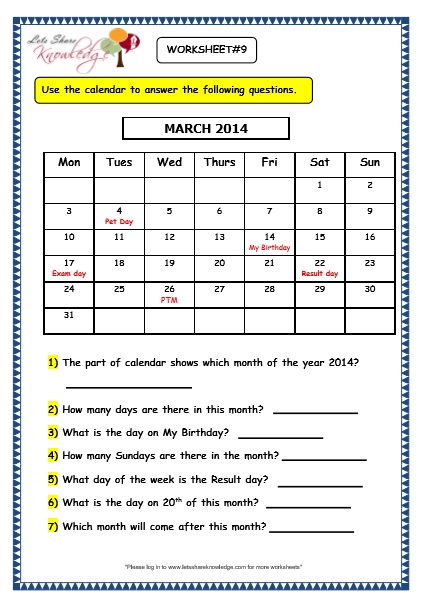 Calendar Worksheet For Grade 2