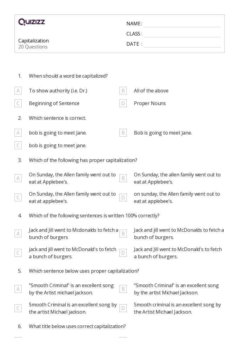 Capitalization Worksheets 5Th Grade