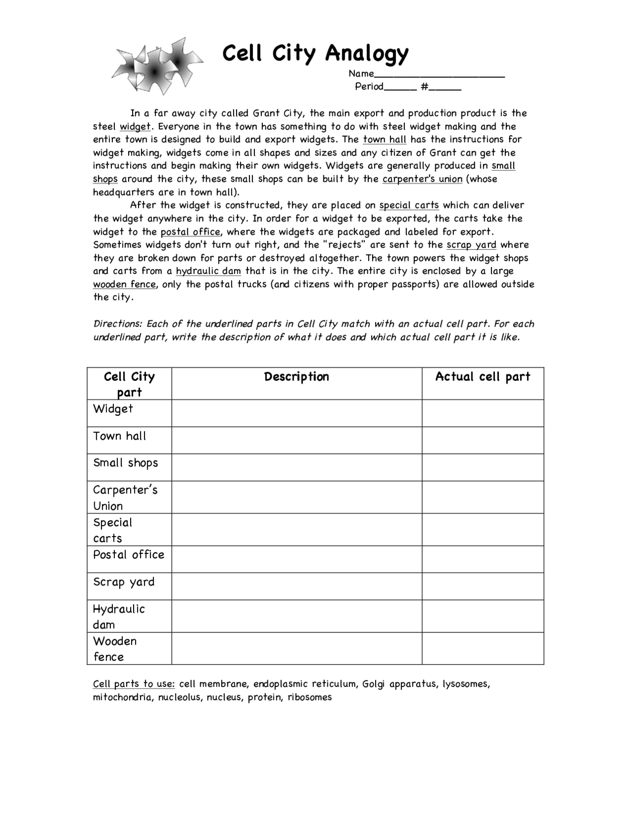 Cell City Analogy Answer Key