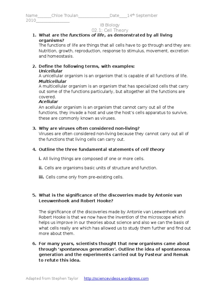 Cell Theory Worksheet Answers and Study Guide