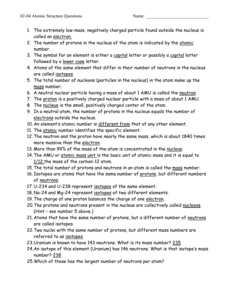 Chapter 4 Atomic Structure Worksheets Answers