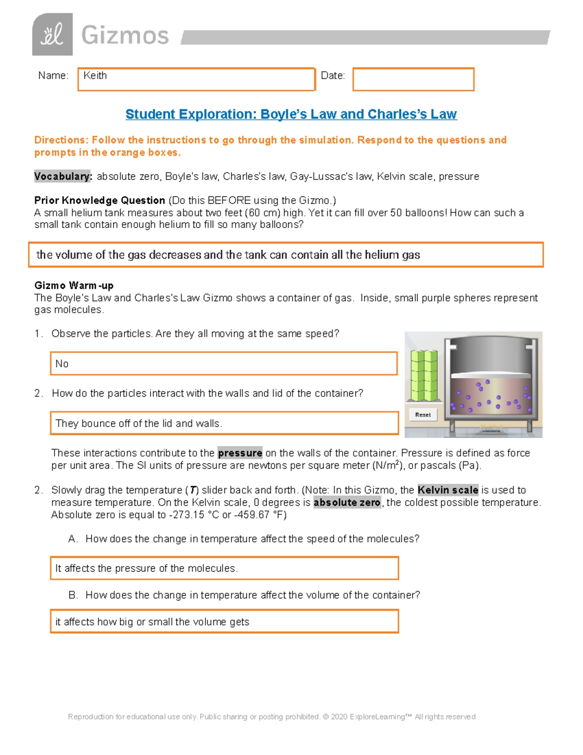 Charles Law Worksheet for Physics Students