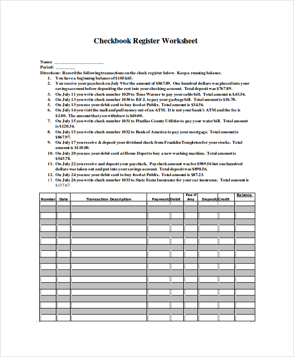 Checkbook Register Worksheet 1 Answers Englishworksheet My Id