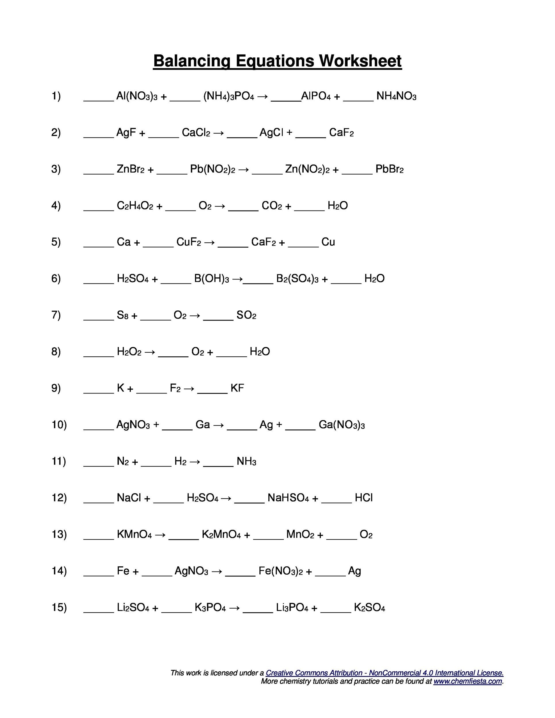 Chemfiesta Balancing Equations Worksheet Made Easy