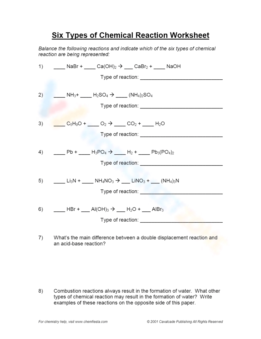 Chemical Reaction Types Worksheet Answers and Examples