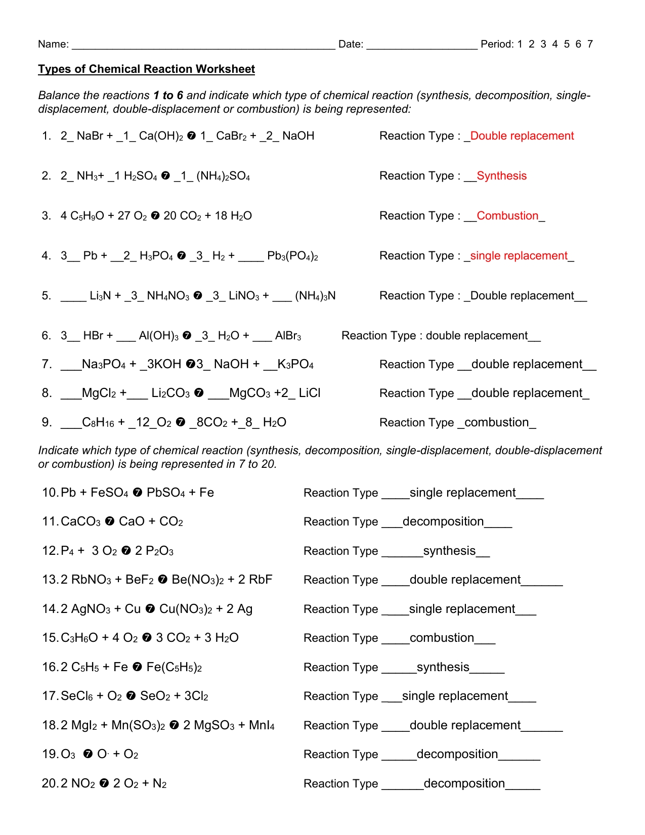 Chemical Reactions Worksheet Answers E Street Light