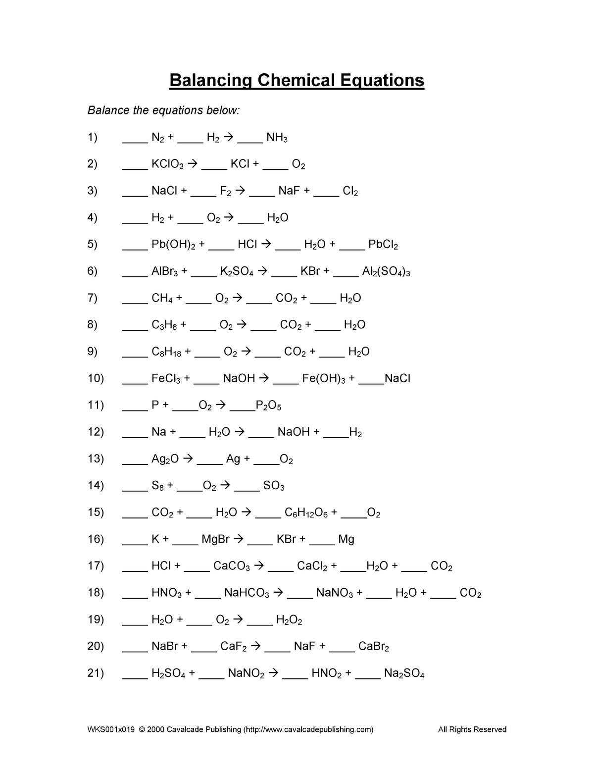 Chemistry Balancing Equations Worksheet With Answers