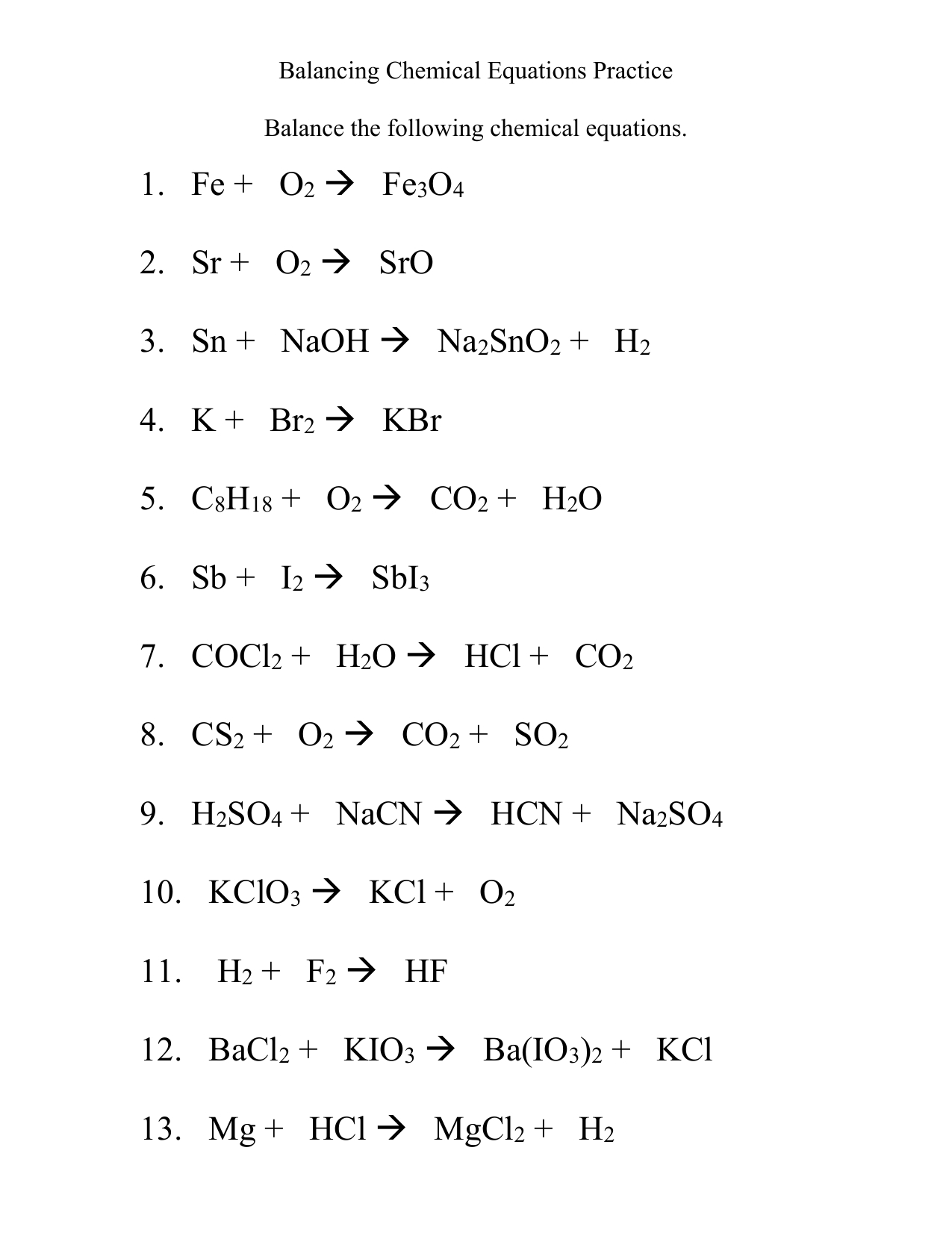 Chemistry Reaction Worksheet for Students