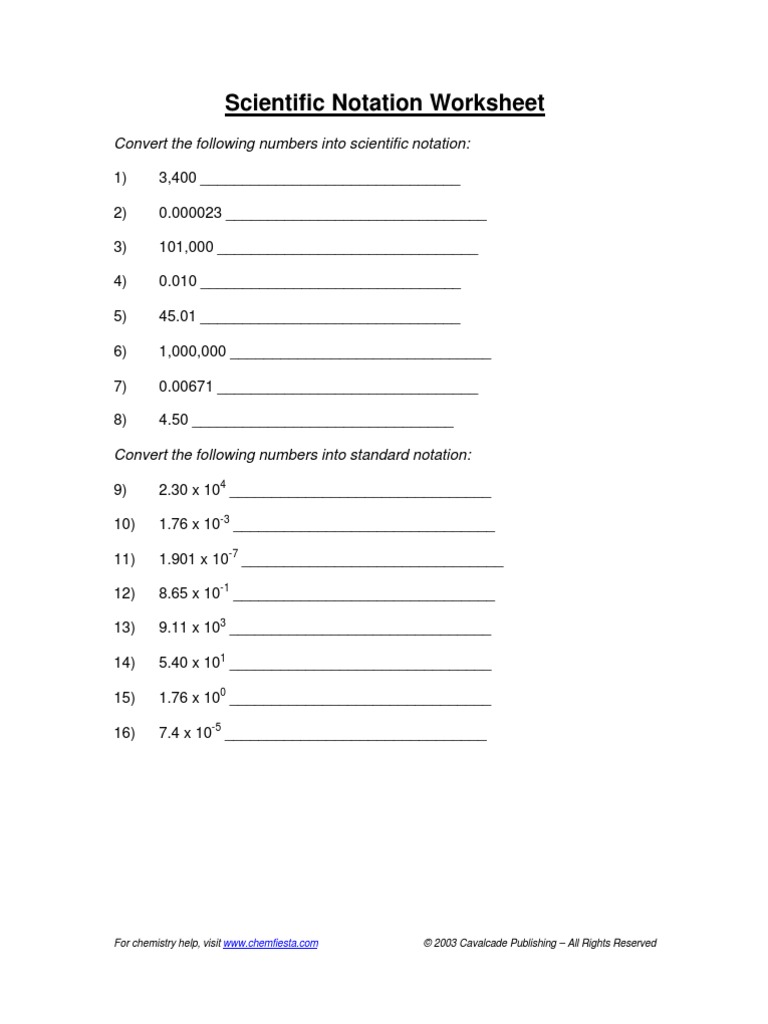 Scientific Notation in Chemistry Worksheet Answers